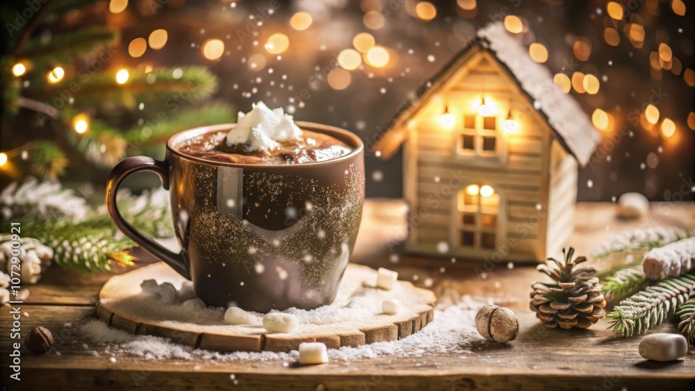 A Cozy Winter Scene with a Warm Cup of Hot Cocoa and a Miniature Wooden House, Decorated with Pine Boughs and Snowflakes, Creating a Festive and Inviting Atmosphere. A Cozy Winter Scene with a Warm Cup of Hot Cocoa and a Miniature Wooden House, Decorated with Pine Boughs and Snowflakes, Creating a Festive and Inviting Atmosphere.