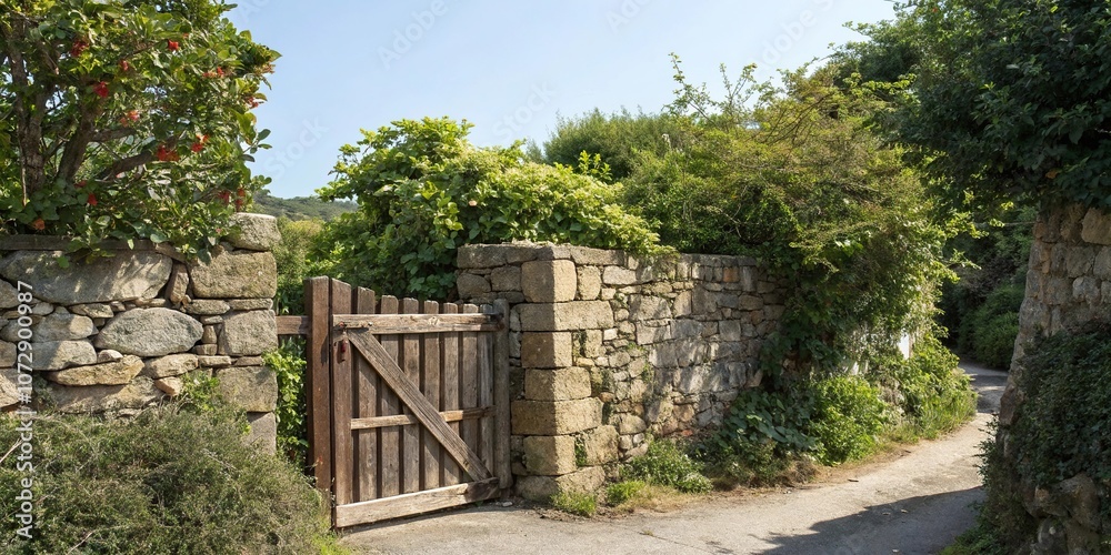 Stone wall with a wooden gate and foliage, foliage, greenery Stone wall with a wooden gate and foliage, foliage, greenery