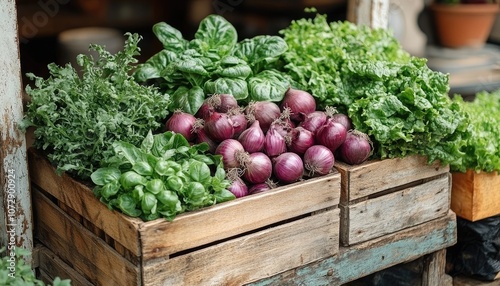 Fresh red onions with greens in a crate. Perfect for a healthy recipe or a rustic market display.