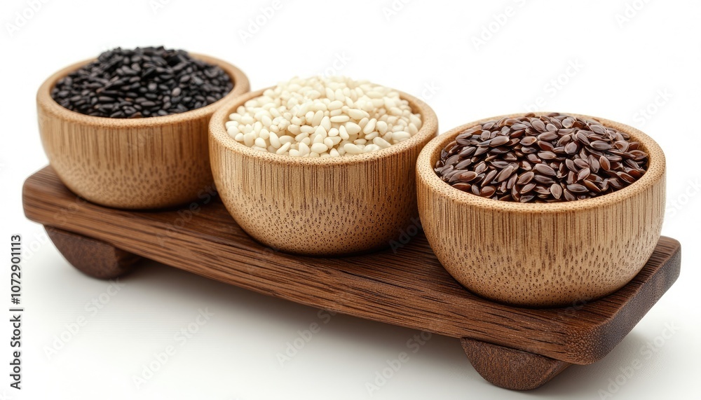 Three bowls of seeds on a wooden tray. Perfect for a blog post about healthy eating or natural remedies. Three bowls of seeds on a wooden tray. Perfect for a blog post about healthy eating or natural remedies.