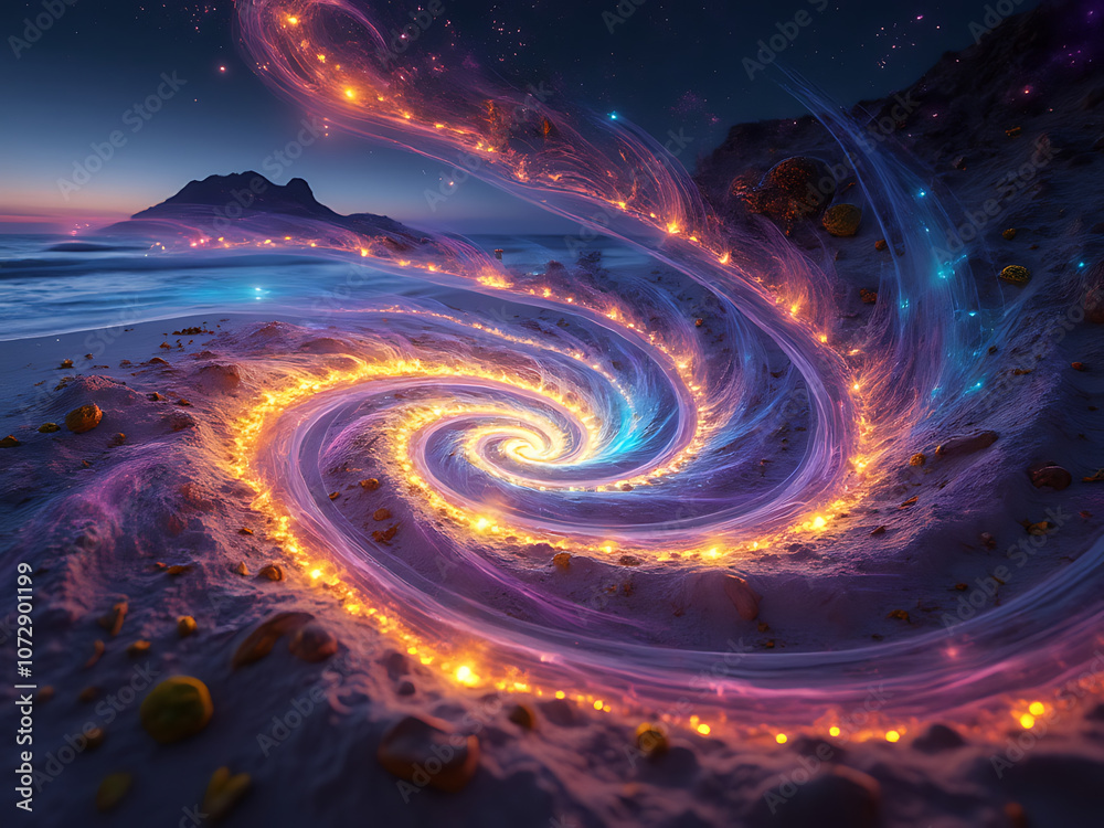 A swirling galaxy of vibrant colors blends into the tranquil beach at twilight, creating a magical and surreal atmosphere A swirling galaxy of vibrant colors blends into the tranquil beach at twilight, creating a magical and surreal atmosphere