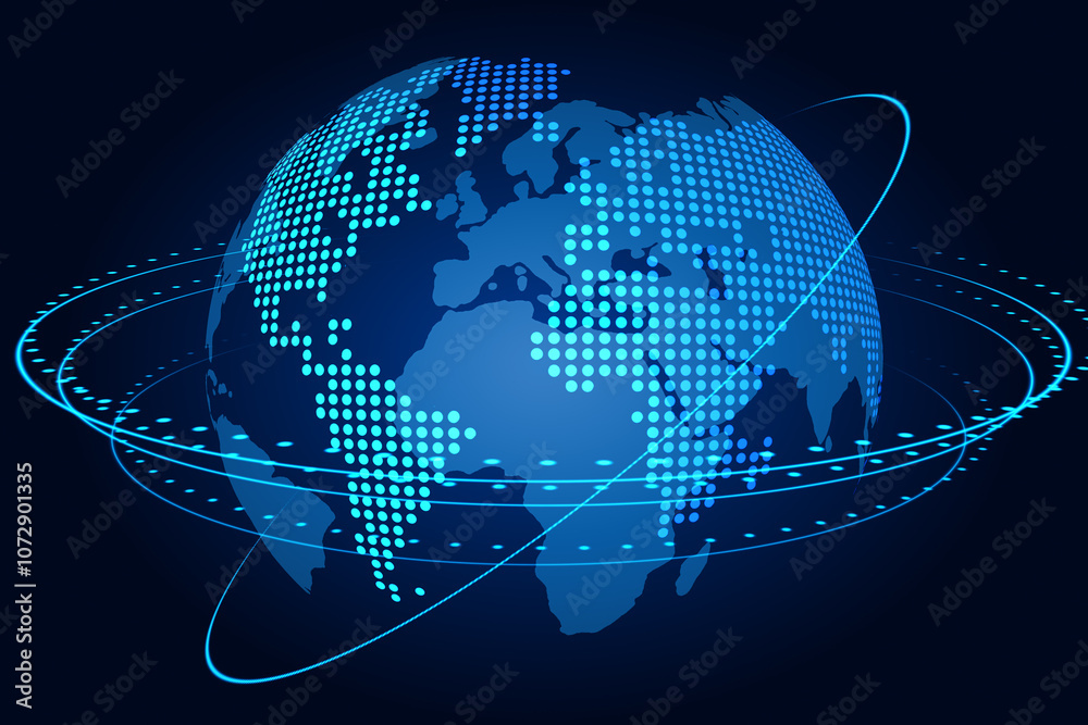 Naklejka premium Telecommunication concept with digital graphic world globe surrounded by satellite circles on dark background. 3D rendering