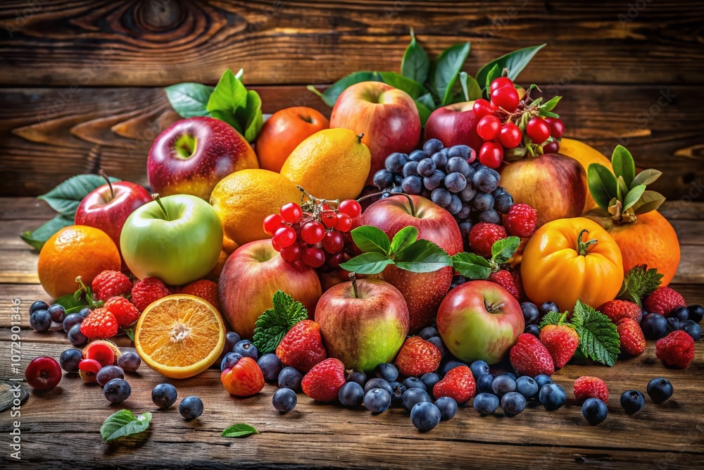 Stunning Panoramic View of a Vibrant Array of Fresh Fruits Displayed on a Rustic Wooden Table, Showcasing Apples, Oranges, Grapes, Berries, and Exotic Fruits in Natural Light Stunning Panoramic View of a Vibrant Array of Fresh Fruits Displayed on a Rustic Wooden Table, Showcasing Apples, Oranges, Grapes, Berries, and Exotic Fruits in Natural Light