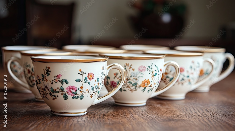 Fototapeta premium Elegant Floral Teacups on Rustic Wooden Table