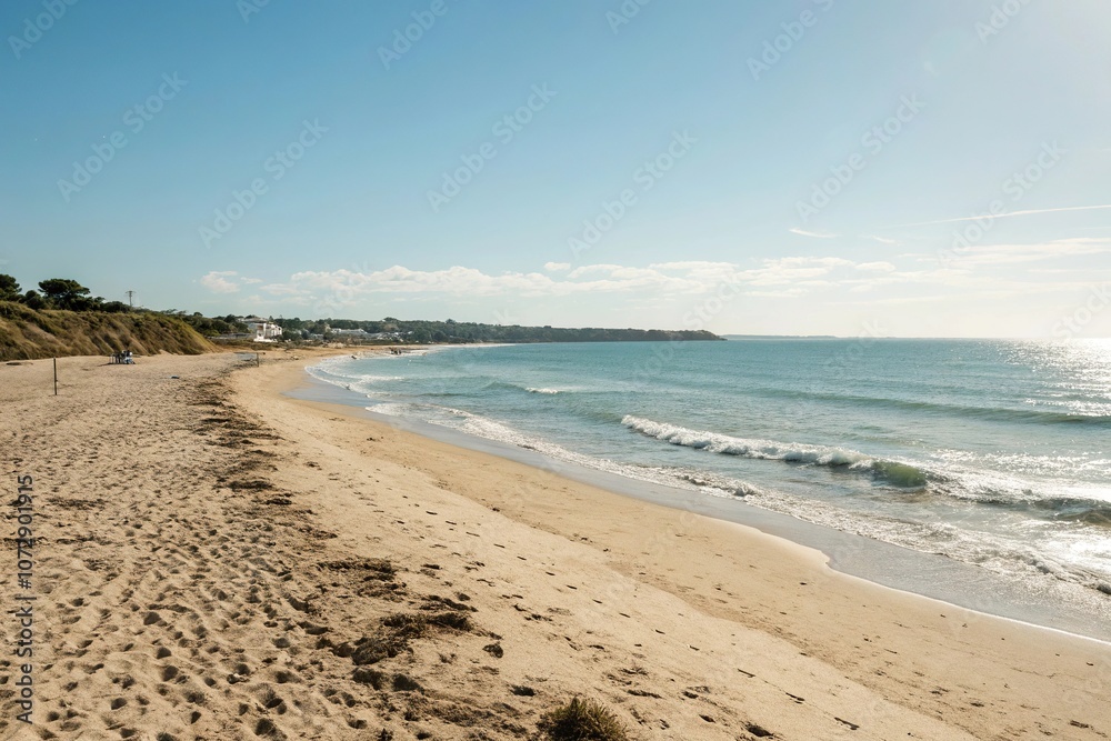 Sunny day at the beach with a calm sea in the background, ocean waves, blue sky, warm weather, sunny day Sunny day at the beach with a calm sea in the background, ocean waves, blue sky, warm weather, sunny day