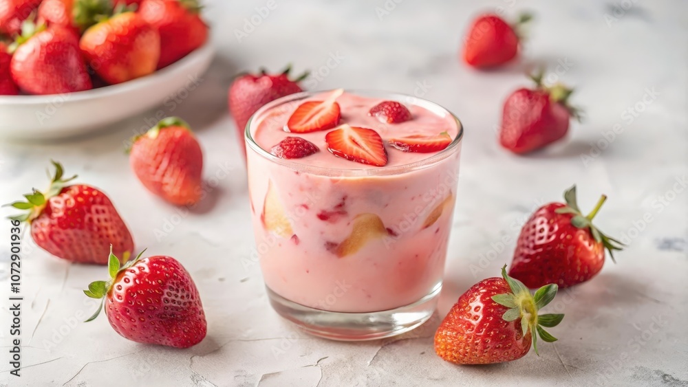 A refreshing summer dessert, strawberry yogurt parfait, featuring layers of creamy yogurt, sliced strawberries, and a vibrant red hue. A refreshing summer dessert, strawberry yogurt parfait, featuring layers of creamy yogurt, sliced strawberries, and a vibrant red hue.