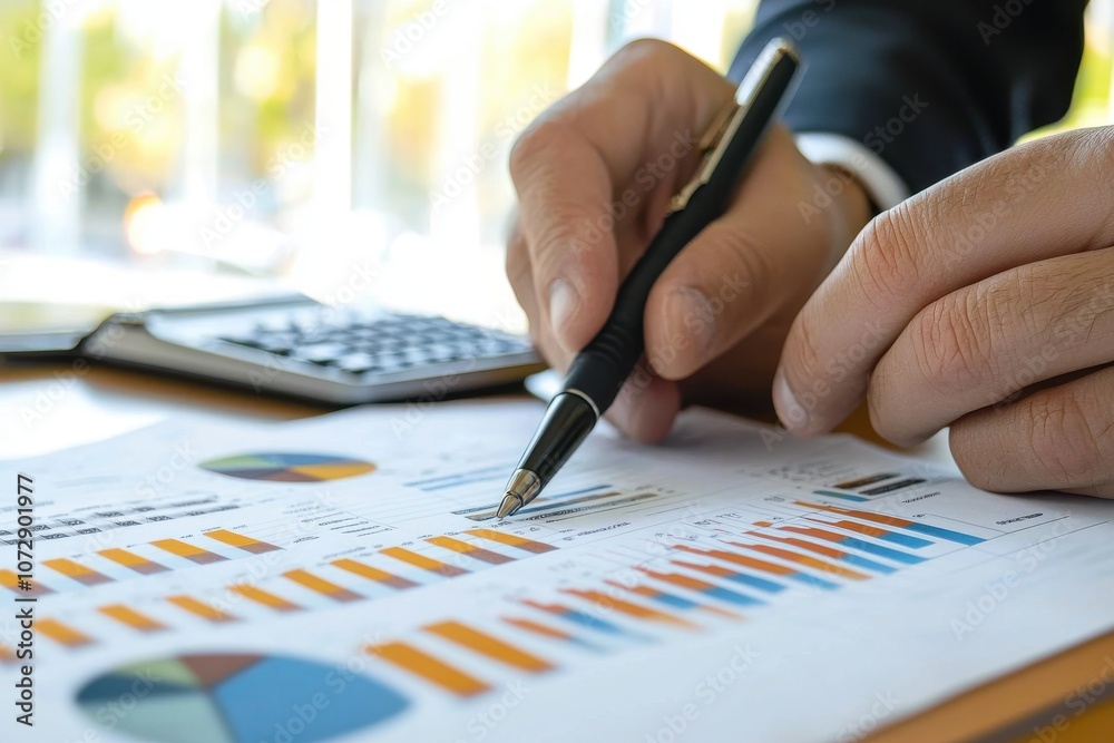 A business professional analyzes financial data using a pen and calculator, focusing on graphs and charts on a document. A business professional analyzes financial data using a pen and calculator, focusing on graphs and charts on a document.