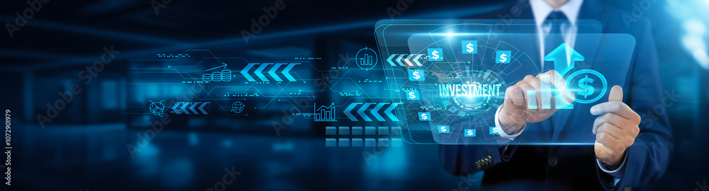 Businessman touching interface and investment, business technology, financial growth, digital transformation investment platform, economic development concept. Businessman touching interface and investment, business technology, financial growth, digital transformation investment platform, economic development concept.