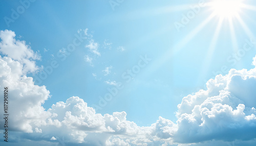 Bright blue sky with fluffy clouds and sunlight, representing serenity and freedom, mental self-care background, copy space