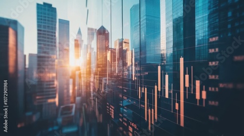 Wallpaper Mural A captivating view of a city skyline with modern buildings and a sunset, featuring stock market data overlays for financial themes. Torontodigital.ca