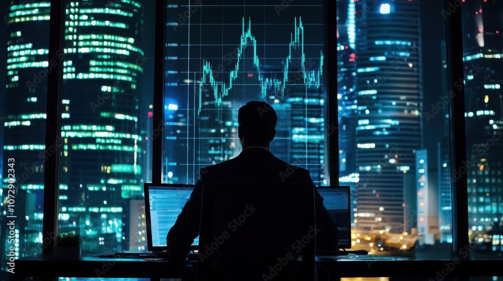 A professional observer analyzes stock market trends from a high-rise office, illuminated by city lights and data visuals.