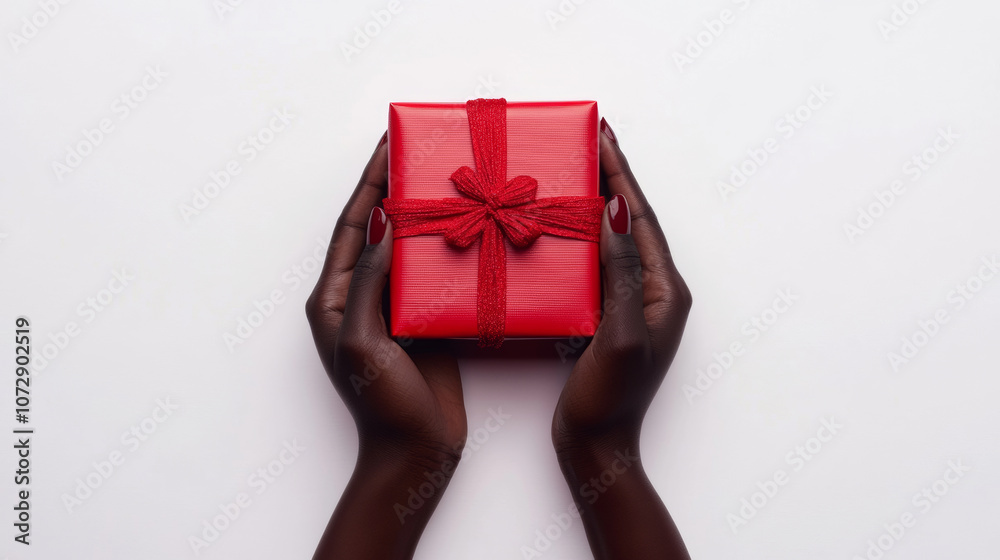3D female hands holding a red gift box with ribbon bow aerial top view background. design for card present celebration birthday greeting material 3D female hands holding a red gift box with ribbon bow aerial top view background. design for card present celebration birthday greeting material