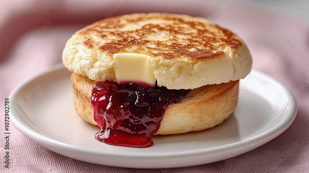 Toasted English Muffin with Butter and Jam on a White Plate
