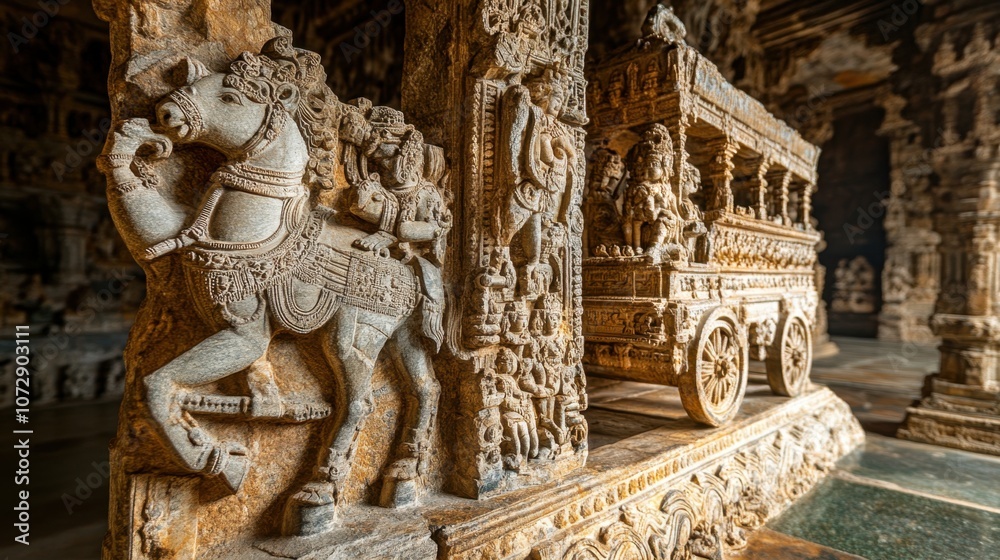 The ornate details of the Hampi Vitthala Temple, featuring the iconic stone chariot and intricate carvings that narrate the grandeur of Vijayanagara architecture The ornate details of the Hampi Vitthala Temple, featuring the iconic stone chariot and intricate carvings that narrate the grandeur of Vijayanagara architecture