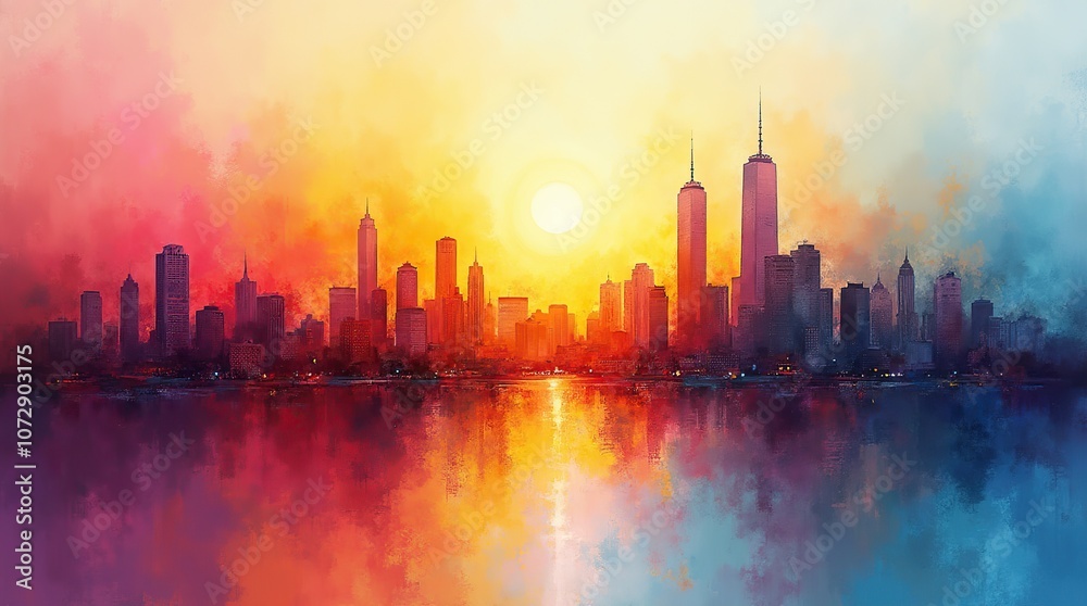 Obraz premium Abstract art representation of city skyline under a bright sky, blending shades of red, yellow, blue, and purple for a dynamic urban landscape