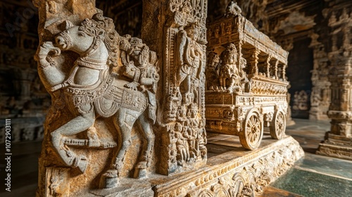 The ornate details of the Hampi Vitthala Temple, featuring the iconic stone chariot and intricate carvings that narrate the grandeur of Vijayanagara architecture photo