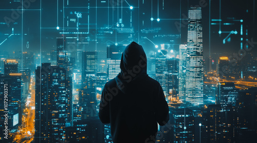 Hacker are planning to hack and attack networks and cyber security , innovative Smart city and graphs with statistics to analyze business potential and predict future developments in company growth.