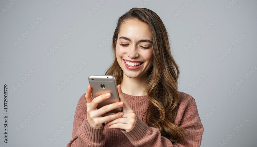 Portrait of a happy woman using a mobile phone, isolated against a plain background. Warm and approachable, capturing a moment of digital interaction.
Portrait of a happy woman using a mobile phone, isolated against a plain background. Warm and approachable, capturing a moment of digital interaction.