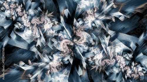 Fractal ice crystals. Abstract art depicting icy formations evokes a sense of winter wonder and hidden beauty. Symmetrical patterns create a mesmerizing visual experience.