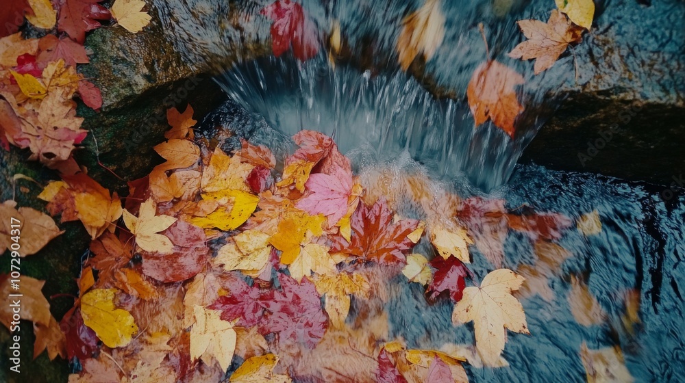 A seasonal waterfall flowing through colorful autumn leaves in the Sichuan Province A seasonal waterfall flowing through colorful autumn leaves in the Sichuan Province