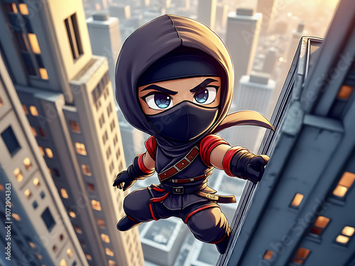 A young ninja expertly climbs a skyscraper in a bustling city under a vibrant sunset sky photo