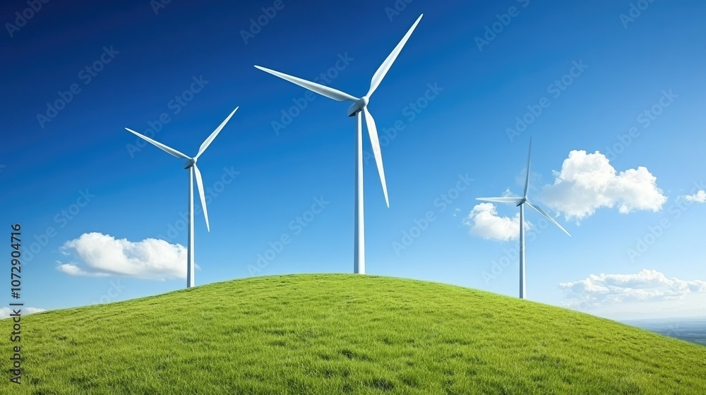 Wind Turbines on Lush Green Hill Under Clear Sky Wind Turbines on Lush Green Hill Under Clear Sky