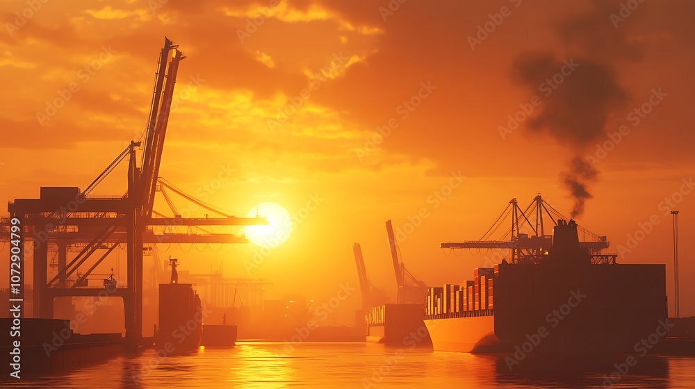 Sunrise over Industrial Port with Cranes Sunrise over Industrial Port with Cranes