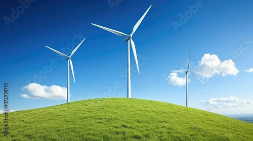 Wind Turbines on Lush Green Hill Under Clear Sky