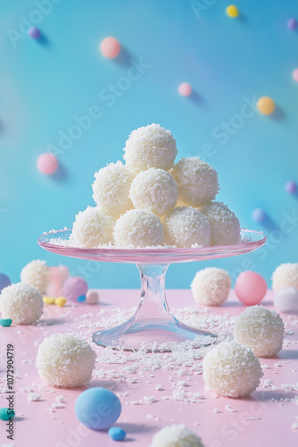 Beijinho candy with coconut coating, served in a pastel-colored background