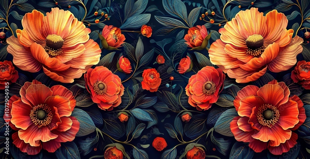 Fototapeta premium A painting of a bouquet of red flowers with blue leaves. Nouveau nature abstract pattern background
