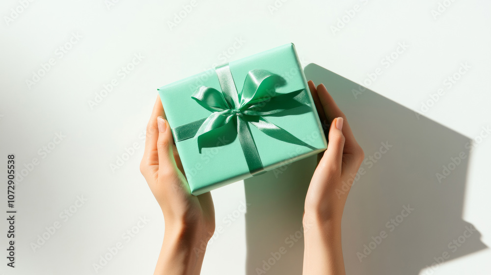 3D female hands holding a green gift box with ribbon bow aerial top view background. design for card present celebration birthday greeting material 3D female hands holding a green gift box with ribbon bow aerial top view background. design for card present celebration birthday greeting material