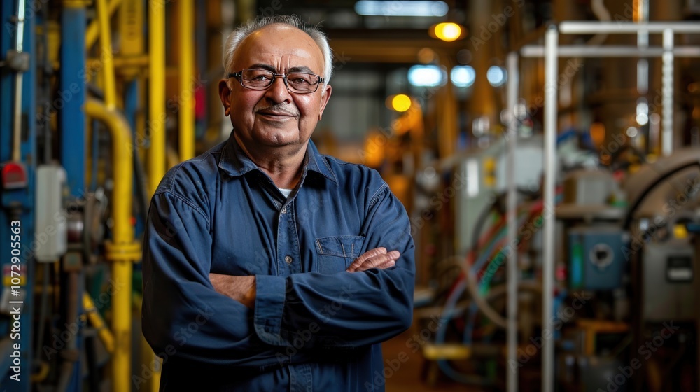 Confident Senior Worker Standing In Industrial Setting. Confident Senior Worker Standing In Industrial Setting.