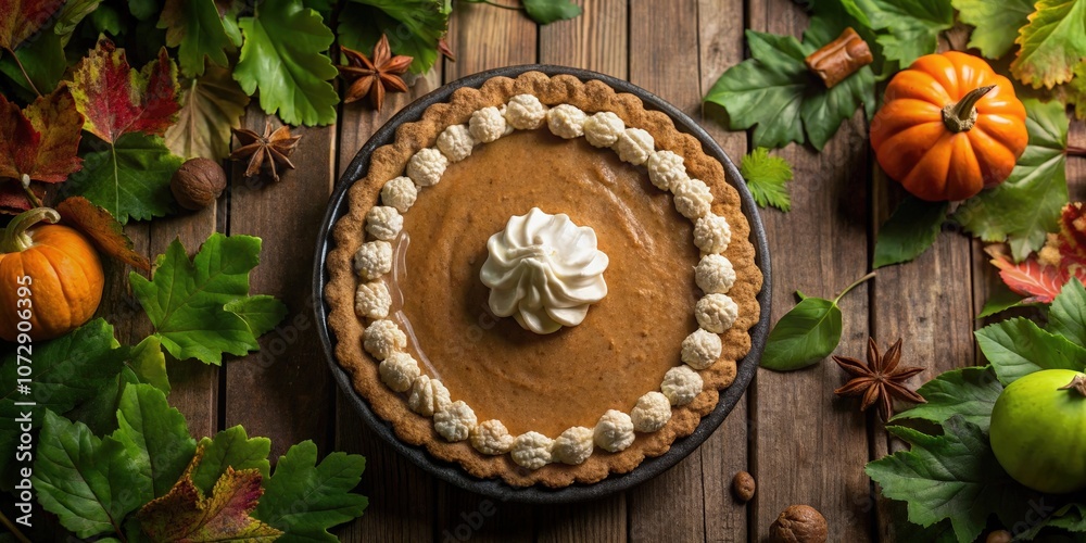 A rustic wooden table adorned with autumn leaves, pumpkins, and a freshly baked pumpkin pie topped with whipped cream. A rustic wooden table adorned with autumn leaves, pumpkins, and a freshly baked pumpkin pie topped with whipped cream.