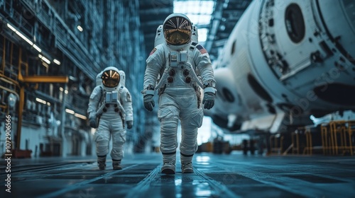 Fototapeta Naklejka Na Ścianę i Meble -  Astronauts preparing for a mission at a space center walking towards a spacecraft in full gear space exploration and aerospace innovation