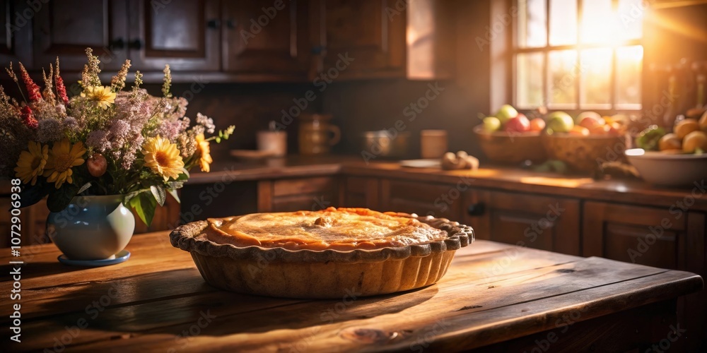 A rustic kitchen table setting featuring a freshly baked pie, a bouquet of wildflowers, and the warm glow of the afternoon sun streaming through the window. A rustic kitchen table setting featuring a freshly baked pie, a bouquet of wildflowers, and the warm glow of the afternoon sun streaming through the window.