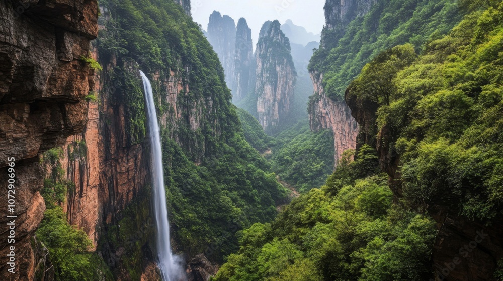 A remote waterfall in a lush gorge, framed by towering peaks of the Hengduan Mountains A remote waterfall in a lush gorge, framed by towering peaks of the Hengduan Mountains
