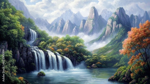 A remote waterfall in a lush gorge, framed by towering peaks of the Hengduan Mountains