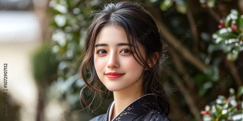 Portrait of a Young Woman in Traditional Kimono with Natural Background and Soft Lighting Portrait of a Young Woman in Traditional Kimono with Natural Background and Soft Lighting