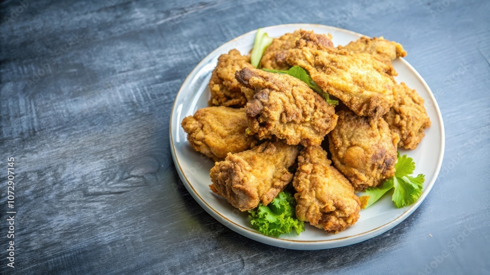 A plate of golden brown fried chicken wings, crisp and flavorful, served with fresh green garnish on a rustic wooden table A plate of golden brown fried chicken wings, crisp and flavorful, served with fresh green garnish on a rustic wooden table