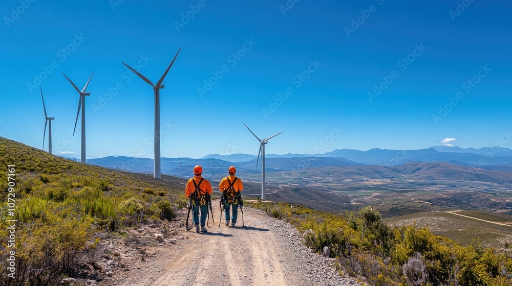 Fototapeta premium Workers maintaining wind turbines on a wind farm using safety harnesses for repairs tall turbines against a backdrop of clear skies and mountains