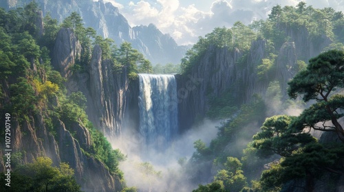 A breathtaking waterfall flowing through a forest of pine trees in China north