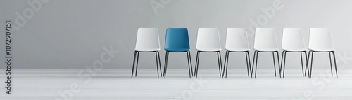 Minimalist row of chairs, one blue among white, visualizing recruitment and business potential photo