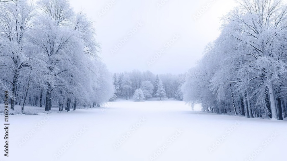 Fototapeta premium Vast empty snowy landscape with frosty trees, frost, winter scenery, panoramic