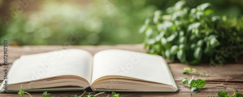 Open book on wooden table with greenery around.