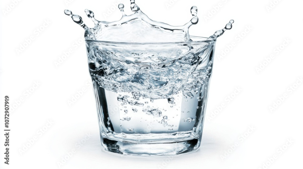 Water splash captured in a glass, sharp motion freeze with droplets on a white background, emphasizing fluidity Water splash captured in a glass, sharp motion freeze with droplets on a white background, emphasizing fluidity