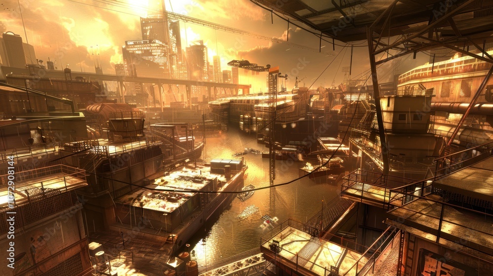 Futuristic city scene with a large body of water and a sunset sky. Futuristic city scene with a large body of water and a sunset sky.