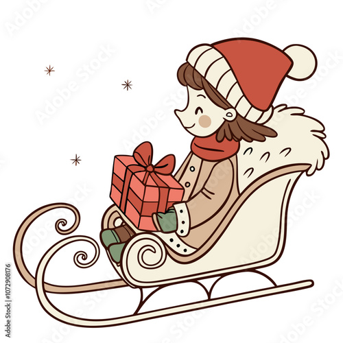 Christmas Eve Delight: A charming illustration of a girl in a warm winter hat and scarf, happily seated in a vintage sleigh, clutching a beautifully wrapped Christmas present.