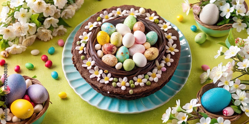 A chocolate cake decorated with a nest of colorful eggs and white flower accents, surrounded by spring blossoms, a basket of painted eggs, and candy sprinkles on a green tablecloth. A chocolate cake decorated with a nest of colorful eggs and white flower accents, surrounded by spring blossoms, a basket of painted eggs, and candy sprinkles on a green tablecloth.