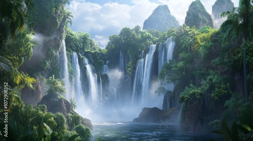 A cascade of waterfalls in the tropical forests of Hainan Island, China