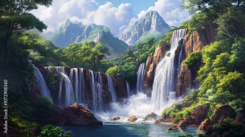 A cascade of waterfalls in the tropical forests of Hainan Island, China